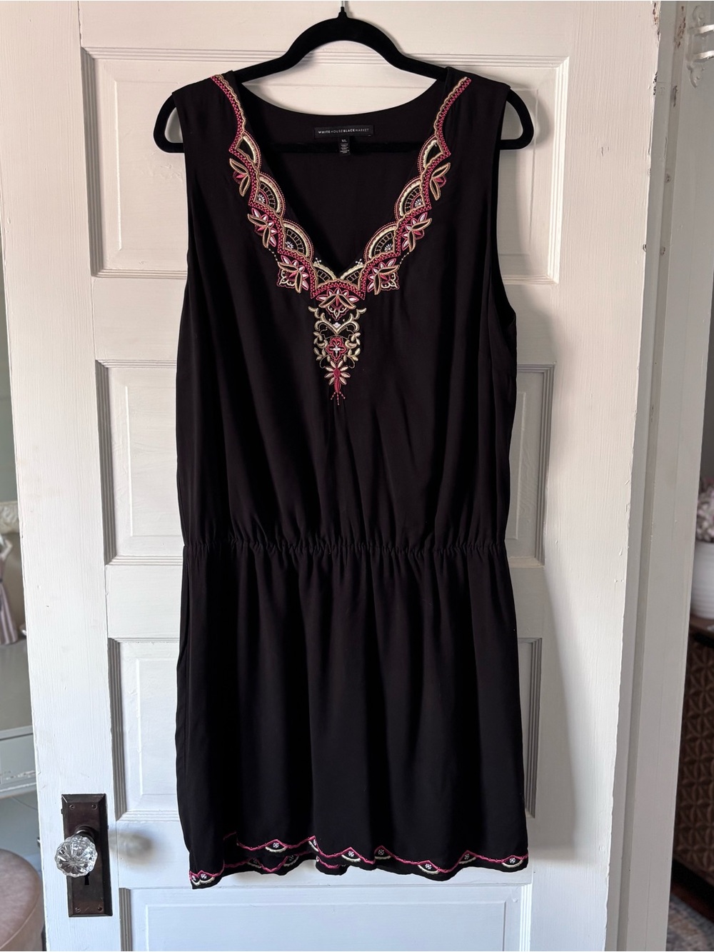 White House Black Market Black Sleeveless Mini Dress with Pink Embroidery